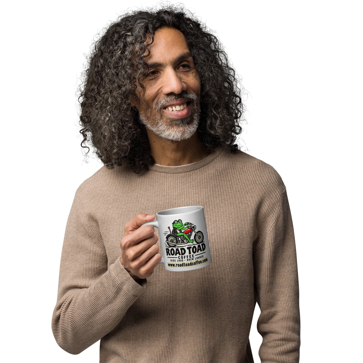 White 20 oz Road Toad Coffee mug with roadtoadcoffee.com, handle on left
