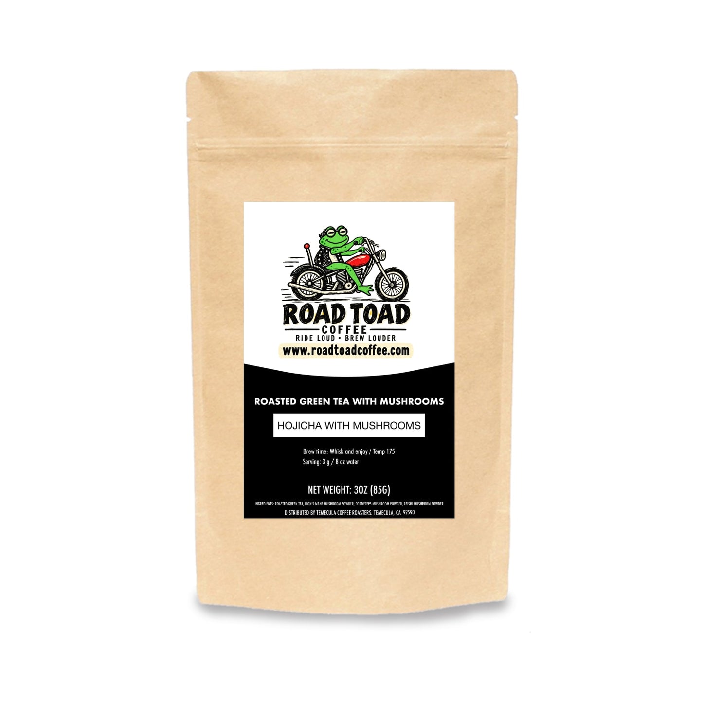 Bag of Hojicha Tea with Mushrooms from Road Toad Coffee
