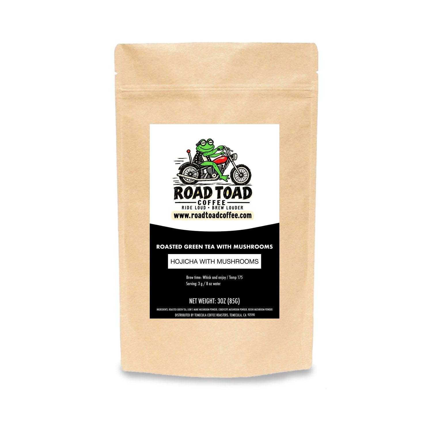 Bag of Hojicha Tea with Mushrooms from Road Toad Coffee