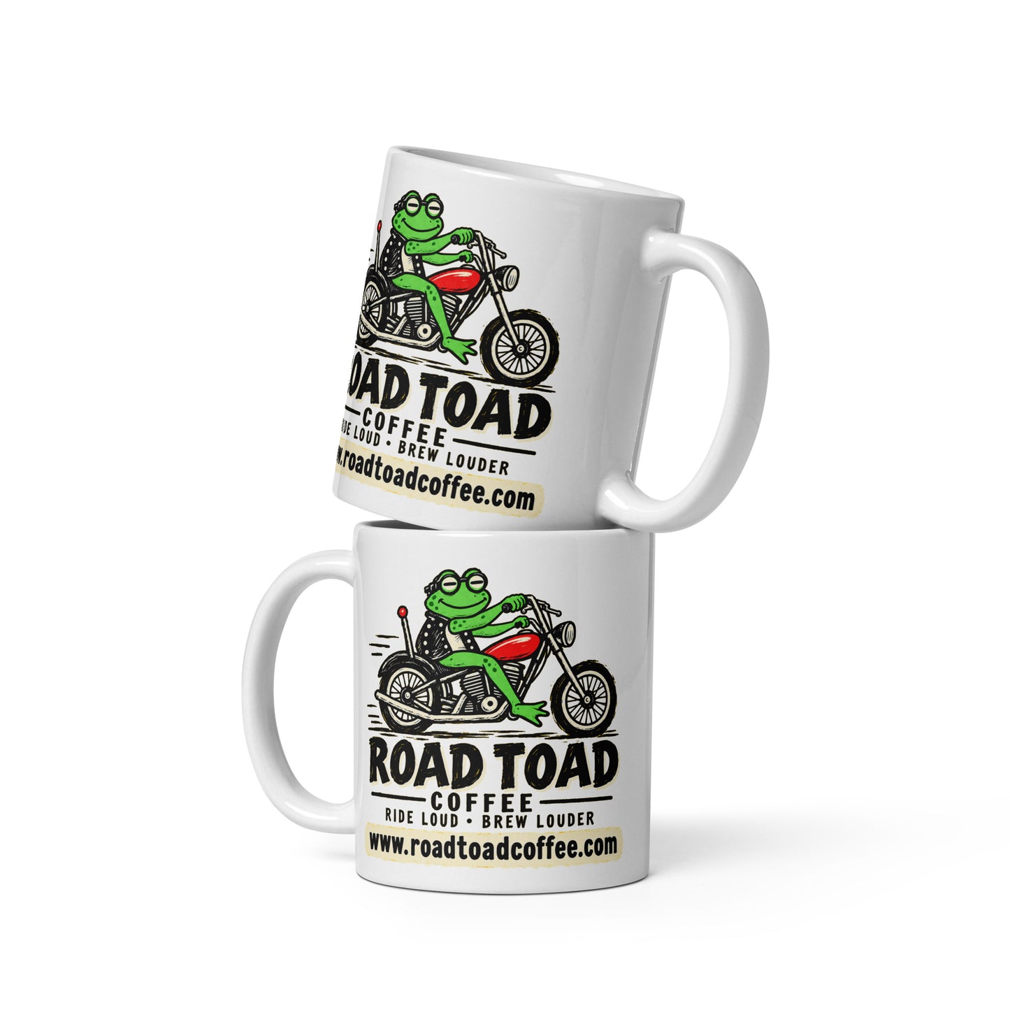 White 11 oz Road Toad Coffee mug with the toad on a motorcycle and roadtoadcoffee.com, front view