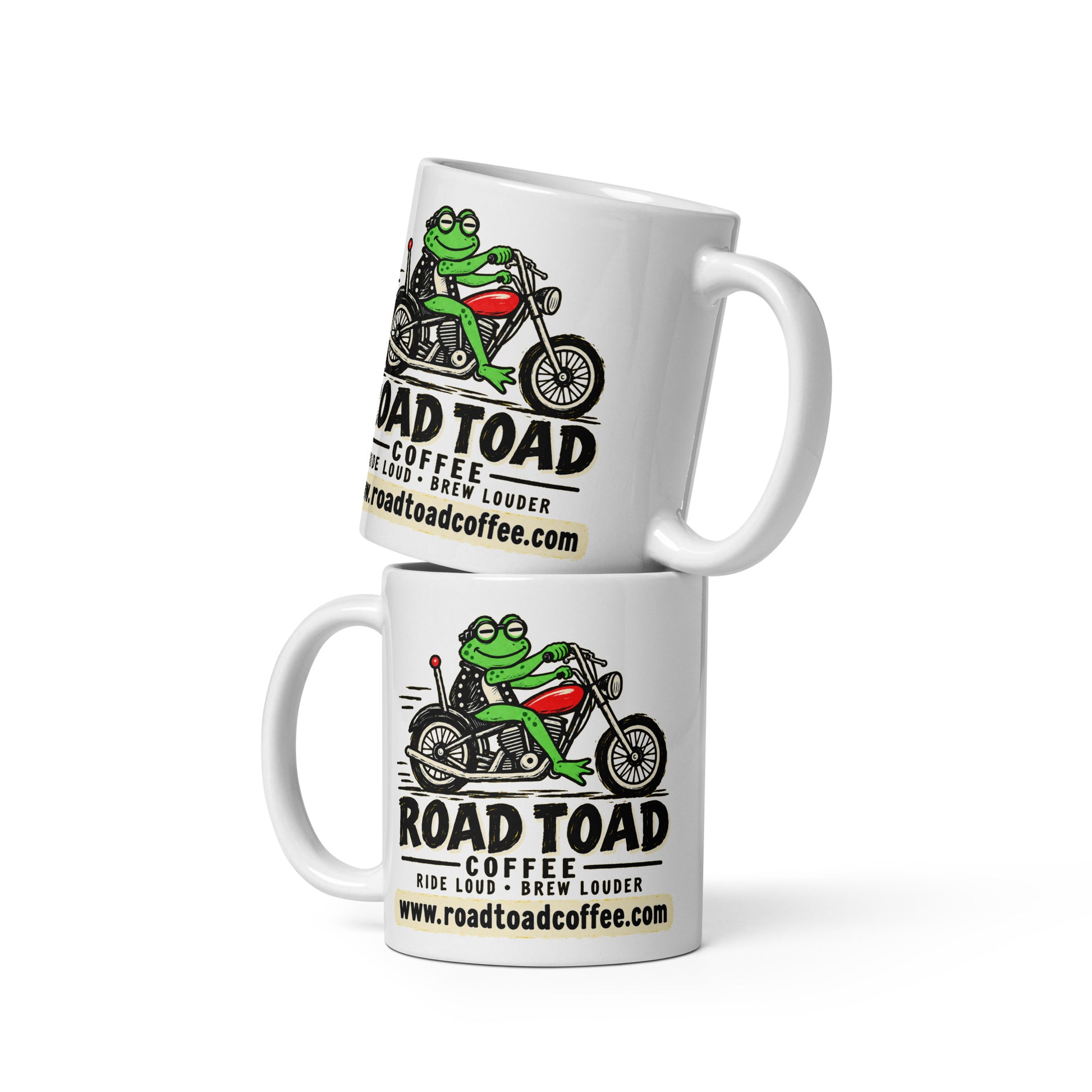 White 11 oz Road Toad Coffee mug with the toad on a motorcycle and roadtoadcoffee.com, front view