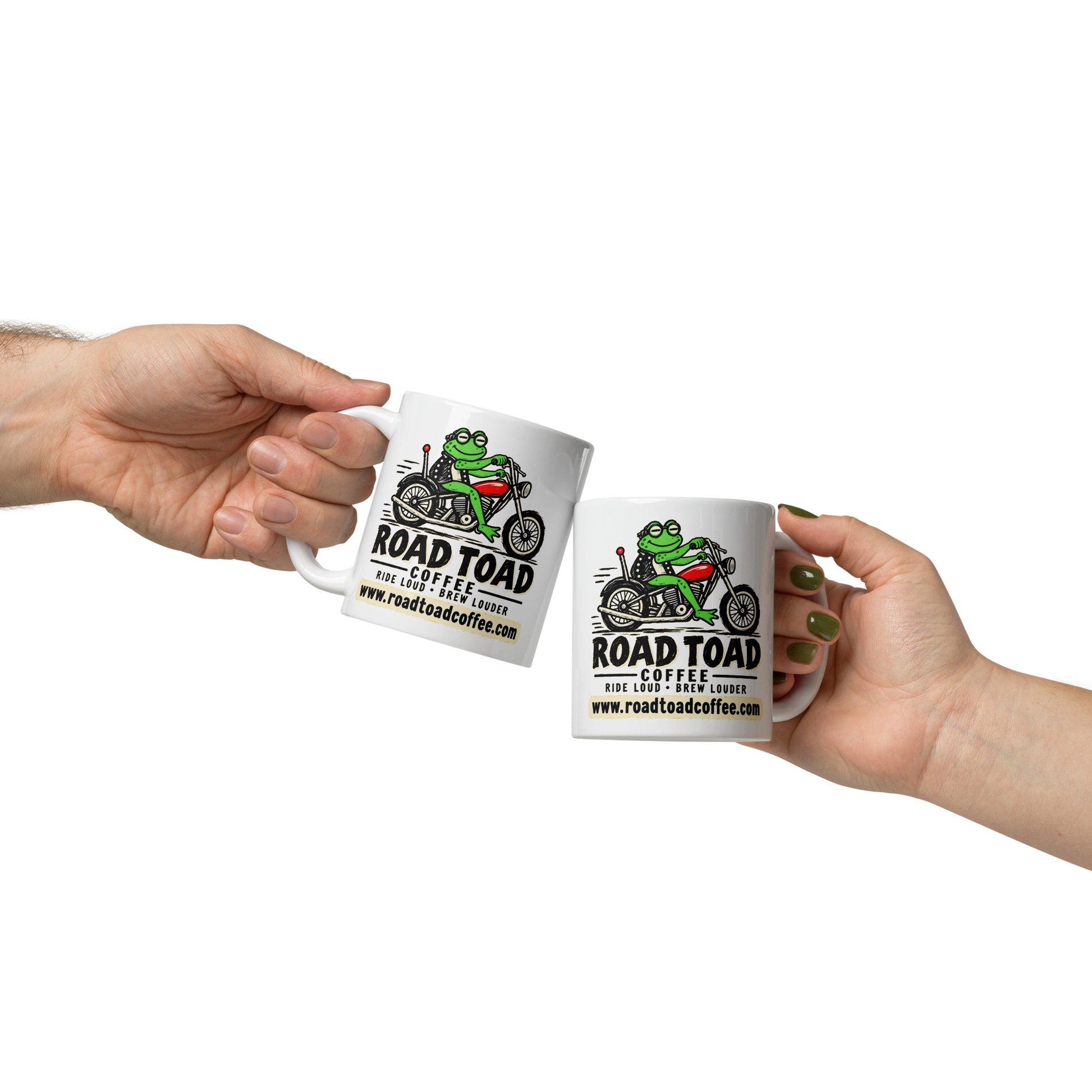 White 11 oz Road Toad Coffee mug with the toad on a motorcycle and roadtoadcoffee.com, front view