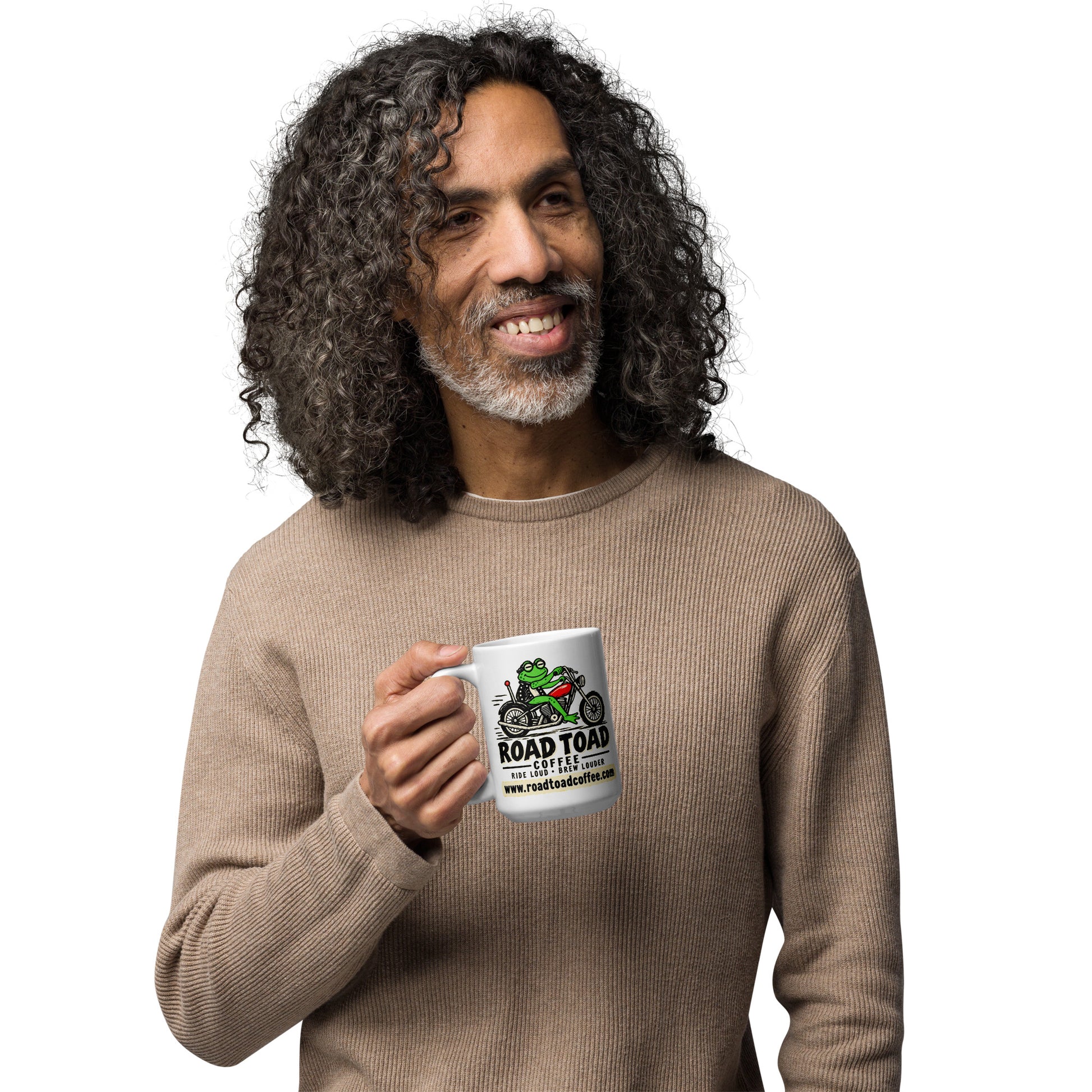 White 15 oz Road Toad Coffee mug with roadtoadcoffee.com, handle on left