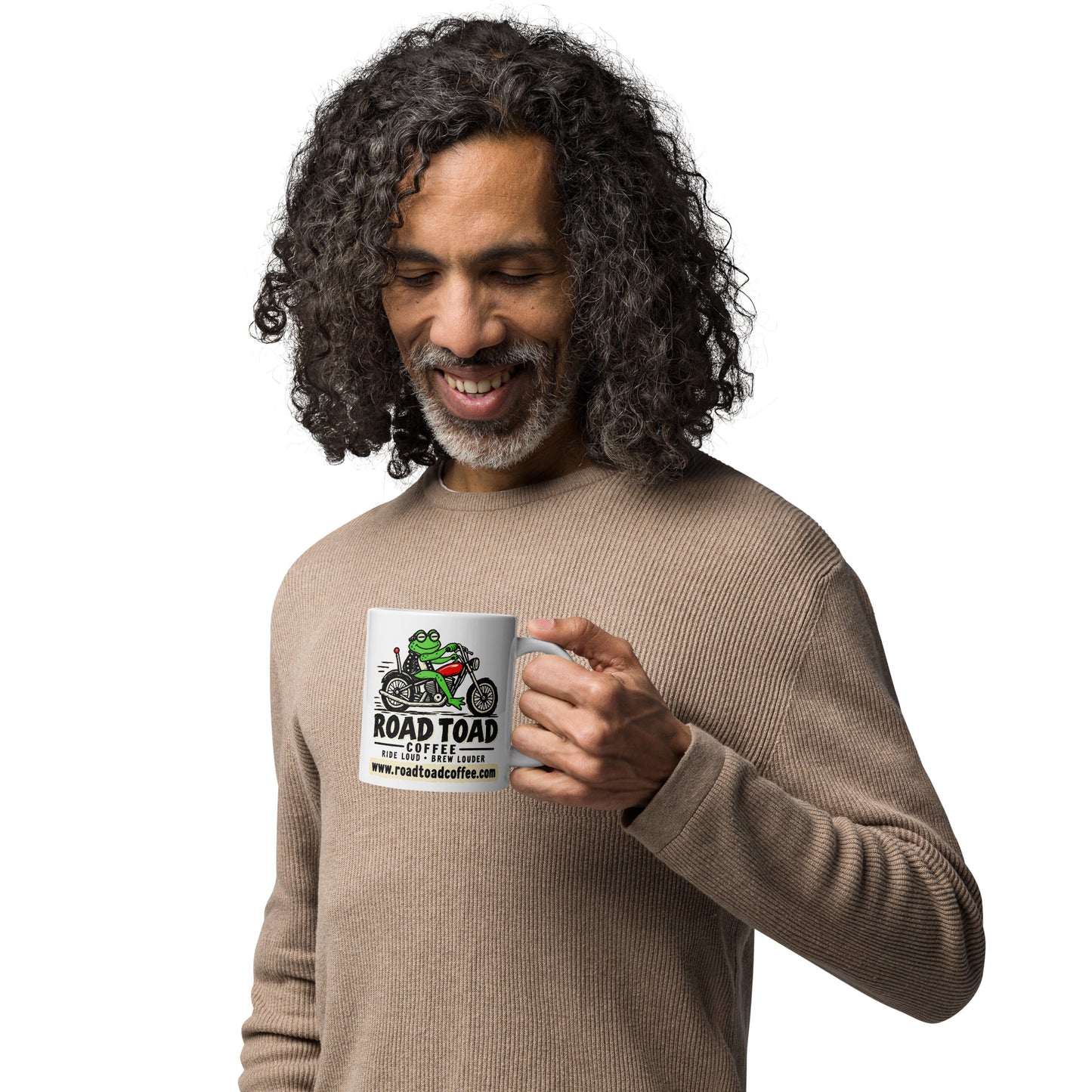 White 20 oz Road Toad Coffee mug with roadtoadcoffee.com, handle on right